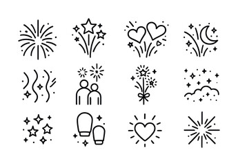 Fototapeta premium Celebration icon set: fireworks, hearts, stars, moon, people, sparkles, clouds