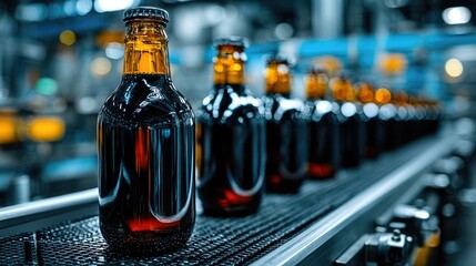 Row of dark glass beer bottles on automated conveyor in industrial brewery