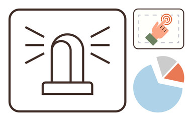 Alarm light with flashing lines, touchscreen hand action, and pie chart, indicating urgency, interaction, and data visualization. Ideal for emergency systems, analytics, technology apps safety