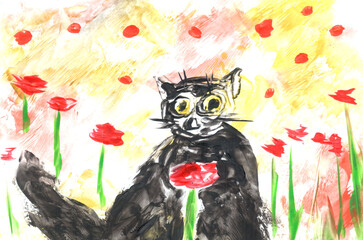 A cheerful cat among flowers. Art, painting. Encaustic, art decoration, sketch. Illustration hand drawn modern, hot wax new