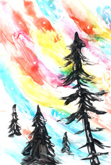 Colorful winter landscape with fir trees. Art, painting. Encaustic, art decoration, sketch. Illustration hand drawn modern, hot wax new