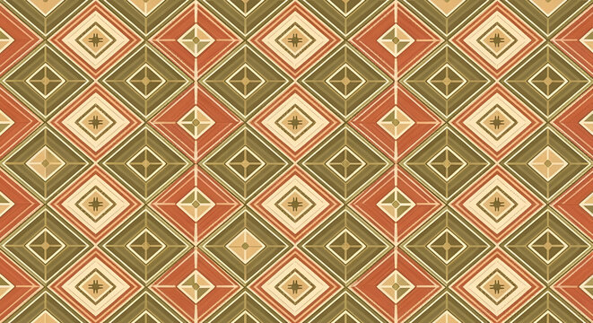Illustration of retro geometric wallpaper pattern featuring a repeating diamond motif in olive green, burnt orange, and cream, evoking a vintage feel