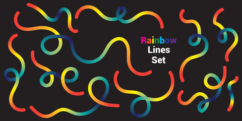 Abstract Gradient Color Lines. 3D Wave Shape Pattern. Vector Wavy Graphic Design Elements on Black Background. Organic Line Rainbow Color Ribbon.