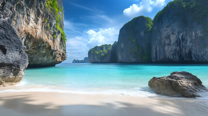 A serene tropical island in Thailand features a majestic limestone cliff and wooden boat resting on the sandy beach of a turquoise Krabi bay under a clear summer sky