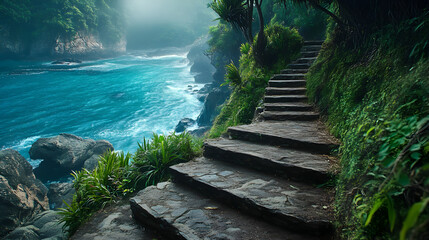 Fototapeta premium Wooden steps through a green forest path to the sea landscape