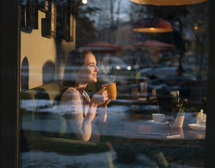  Zadowolona, młoda kobieta trzyma w rękach kubek z gorącą kawą wyglądając przez okno