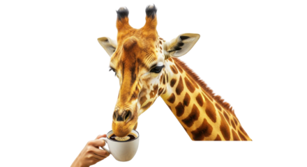 Giraffe drinking coffee from a cup held by human hand isolated PNG with Transparent Background
