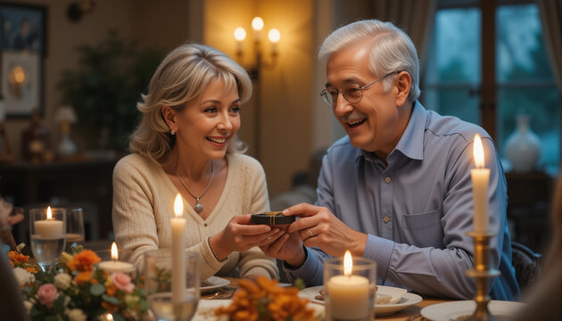 Elderly couple exchanging jewelry during a candlelit dinner, showcasing love and connection