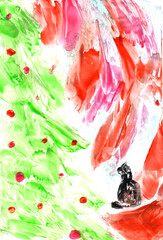 Holiday, cat, and New Year's tree. Art, painting. Encaustic, art decoration, sketch. Illustration hand drawn modern, hot wax new