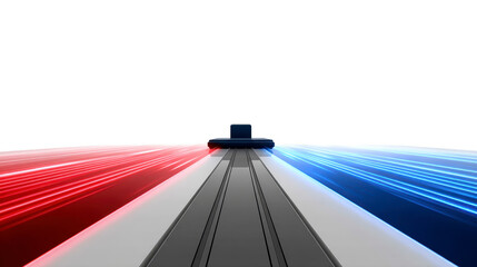 Futuristic vehicle racing on track with glowing red and blue light trails, sleek aerodynamic design, high speed, and dynamic motion, evoking excitement and competition