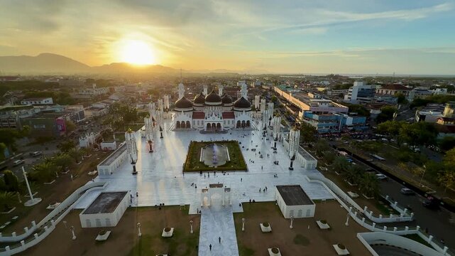 Aerial view of Baiturrahman Grand Mosque in Aceh at the sunset