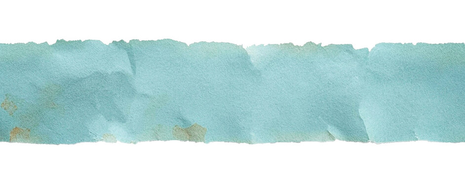 Torn paper strip, light blue old texture with spots, isolated on white background. High quality photo