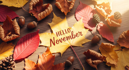 Welcome November with colorful autumn leaves and acorns, creating a cozy seasonal atmosphere perfect for Thanksgiving gatherings and fall promotions