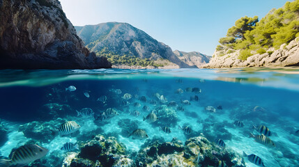 A clear blue sky overlooks the summer landscape of Lake Tahoe California where a boat rests near the rocky shore of this beautiful vacation bay