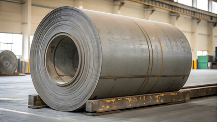 A massive industrial steel roll&mdash;weathered, slightly oxidized, and crowned with a matte finish&mdash;rests horizontally on concrete supports, its surface etched with continuous