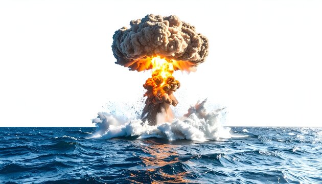 A colossal mushroom cloud erupts above ocean waves, intense light amidst the expanding plume - Powered by Adobe