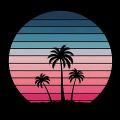 A picturesque sunset with palm trees in the foreground, casting shadows against the colorful sky.