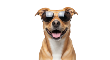 Happy dog wearing sunglasses with tongue out isolated PNG with Transparent Background