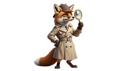 Fox character dressed as detective with magnifying glass isolated PNG with Transparent Background