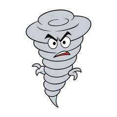 A furious cartoon tornado swirls with wild eyes and clenched teeth, spinning clouds and debris in a stormy rage, showing powerful energy and unstoppable motion.
