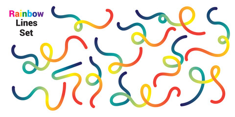 Abstract Color Gradient Lines Pattern. Vector Wave 3D Graphic Shapes with Gradient. Organic Rainbow Wavy Ribbons. Set of Fun Kid Doodle Colour Gradation Lines.