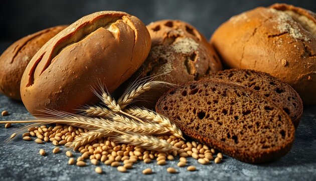 A close-up shot of various artisan breads, including whole wheat and rye, with wheat stalks and grains scattered around.