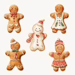 Fototapeta premium Watercolor Gingerbread Man and House Clipart Collection — Hand Painted Christmas Cookies, Festive Holiday Bakery Elements, Cute Gingerbread Characters and Sweet Decorations on White Background