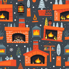 Cozy winter pattern with fireplaces, lanterns, and Christmas trees  