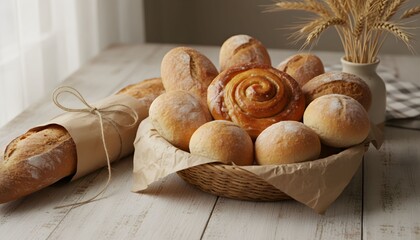 A rustic basket filled with an assortment of freshly baked bread, rolls, and a cinnamon bun on a wooden table.