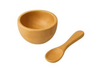 Wooden bowl and spoon kitchenware on transparent background