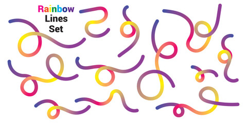 Abstract Gradient Color Lines Set. 3D Wave Line Shapes Pattern. Vector Spiral Rainbow Color Ribbons Isolated on a White Background.