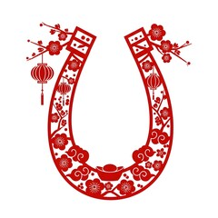 A lucky horseshoe for Chinese New Year, embellished with festive red and gold designs, symbolizing prosperity.