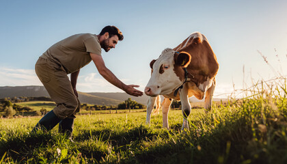 Agriculture, cow and care with hand of farmer for sustainability, milk production and nature in countryside. Grass, nutrition and cattle with animals on farm field for ecology, livestock and health