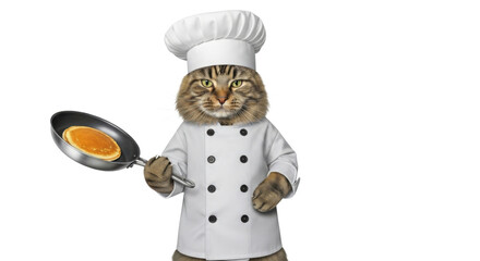 Cat dressed as chef holds pan with pancake isolated PNG with Transparent Background