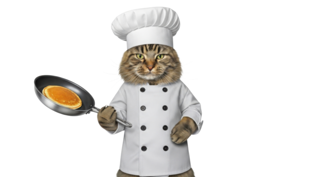 Cat dressed as chef holds pan with pancake isolated PNG with Transparent Background