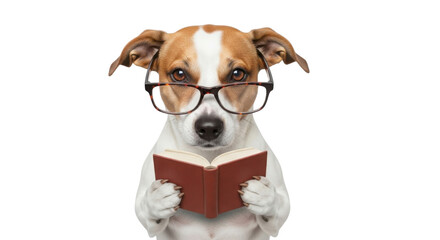 Jack Russell Terrier dog reading a book wearing glasses isolated PNG with Transparent Background