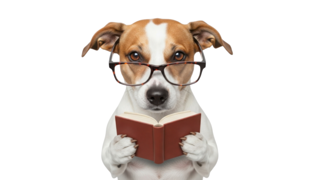 Jack Russell Terrier dog reading a book wearing glasses isolated PNG with Transparent Background - Powered by Adobe