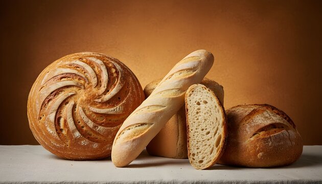 An assortment of freshly baked artisan bread loaves, including a round sourdough and a baguette, on a table. - Powered by Adobe