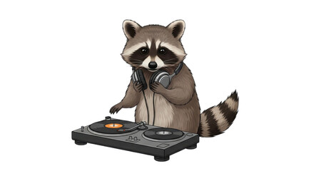 Raccoon DJ mixing music with headphones isolated PNG with Transparent Background