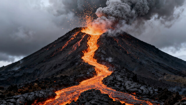 Erupting volcano with lava flow. Powerful volcano erupts with glowing lava flowing down its slopes, emitting smoke and ash into dark sky. Natural power, energy and destruction, volcano concept