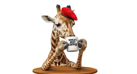 Giraffe drinking World's Best Coffee wearing red beret isolated PNG with Transparent Background