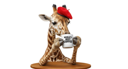 Giraffe drinking World's Best Coffee wearing red beret isolated PNG with Transparent Background