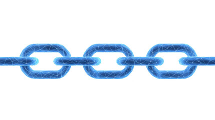 Blue digital chain link with glowing polygonal mesh, symbolizing connection, security, and technology, isolated on transparent background, modern and futuristic style