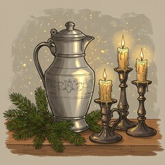 a silver pitcher and glowing candles,  enhancing the seasonal spirit.