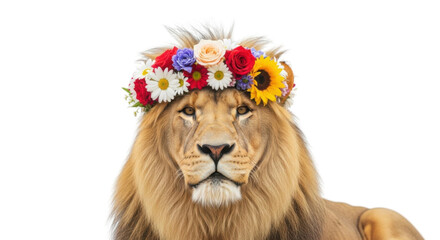 Lion wearing a flower crown isolated PNG with Transparent Background