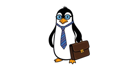 Cartoon penguin wearing glasses, tie, and holding a briefcase isolated PNG with Transparent Background