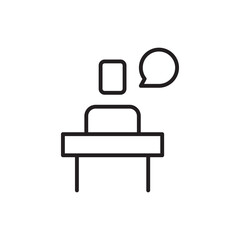 Line art of a person seated at a table with a speech bubble