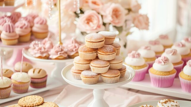Mini dessert buffet setup with tiny cupcakes, pancakes, cookies on trays, generated AI