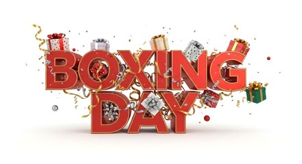 Boxing Day Celebration Text with Gift Boxes and Confetti – Festive Holiday Sale Announcement