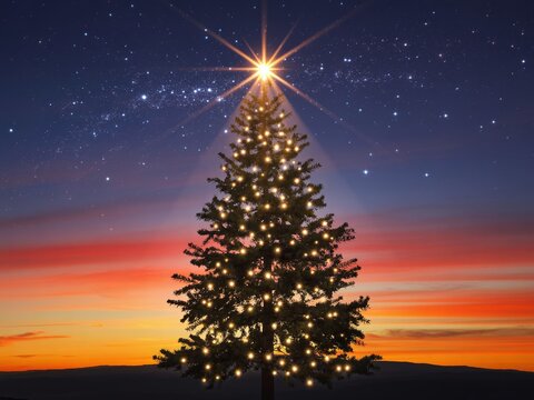 Majestic Christmas Tree Silhouetted Against a Sunset Sky with Glowing Lights and a Bright North Star Topper Symbolizing Hope - Powered by Adobe